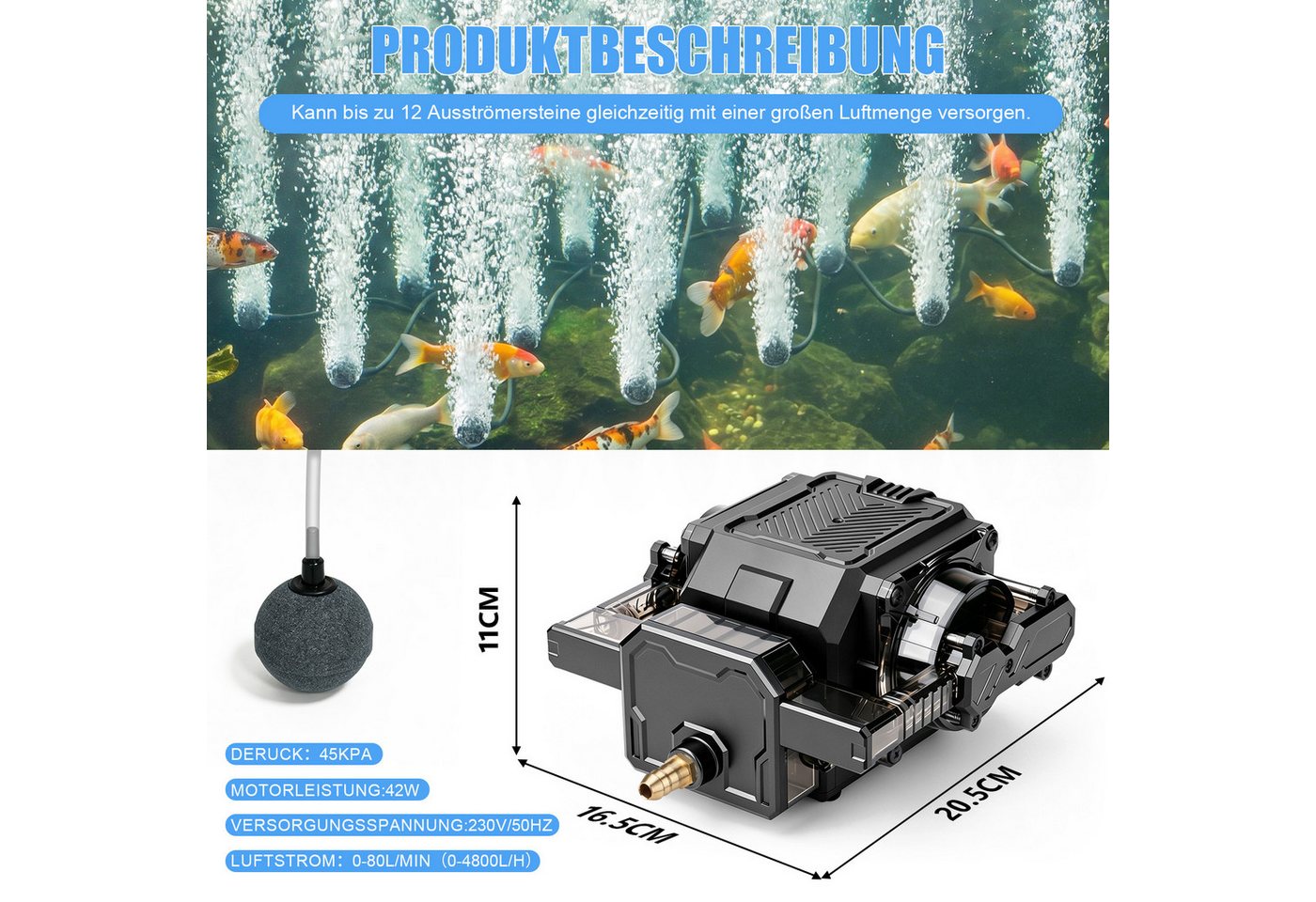 XIIW Luftpumpe 42W Teichbelüfter mit 12 Luftstein Aquarienpumpe Sauerstoffpumpe (Set, 29-tlg., 80L/Min 45kPa Flussregelbar, Dual-Kanal-Kupfermotor), für Aquarium Teich Hydroponisch und Großaquarien‌ Bild 2