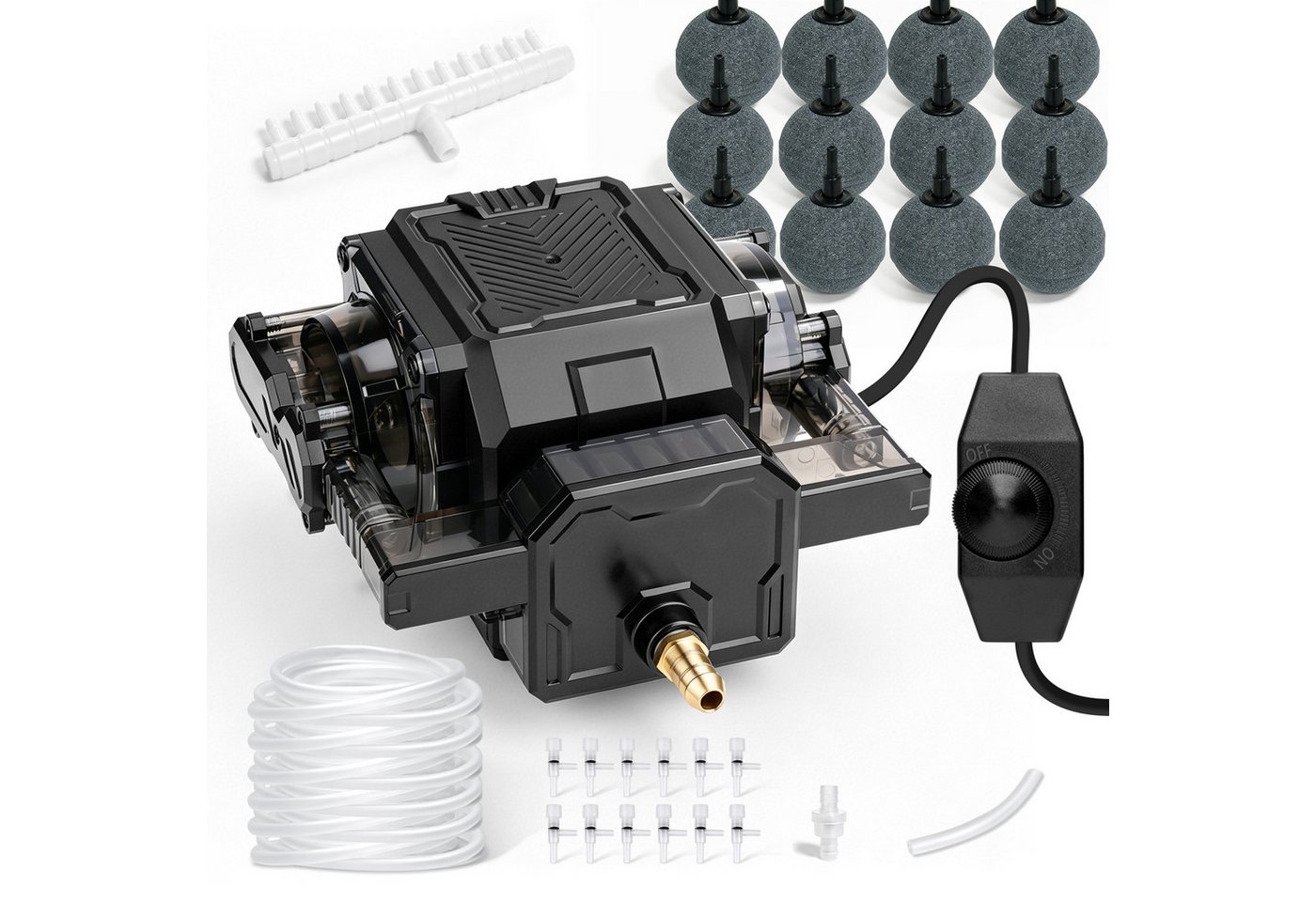XIIW Luftpumpe 42W Teichbelüfter mit 12 Luftstein Aquarienpumpe Sauerstoffpumpe (Set, 29-tlg., 80L/Min 45kPa Flussregelbar, Dual-Kanal-Kupfermotor), für Aquarium Teich Hydroponisch und Großaquarien‌ Bild 3