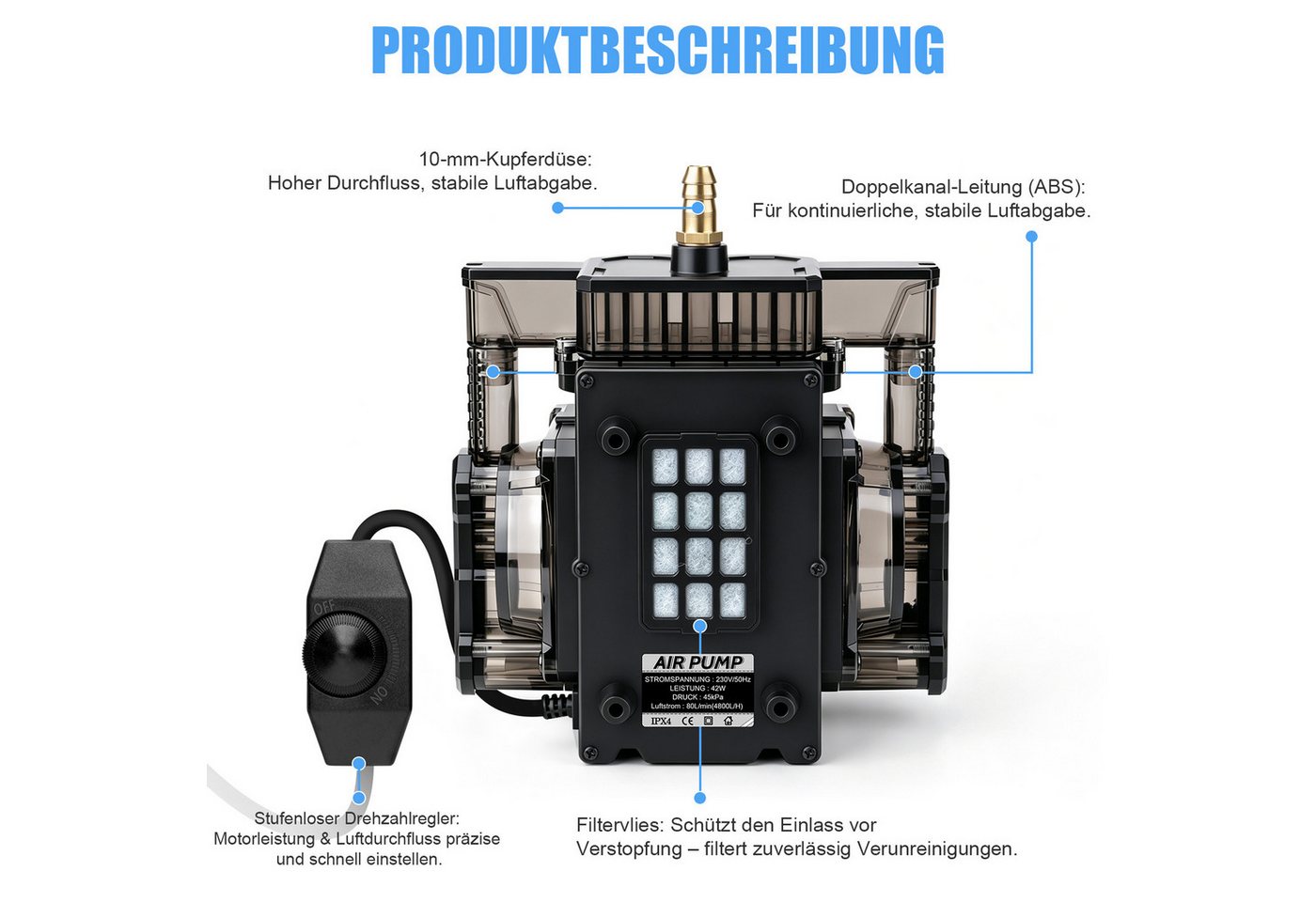 XIIW Luftpumpe 42W Teichbelüfter mit 12 Luftstein Aquarienpumpe Sauerstoffpumpe (Set, 29-tlg., 80L/Min 45kPa Flussregelbar, Dual-Kanal-Kupfermotor), für Aquarium Teich Hydroponisch und Großaquarien‌ Bild 4
