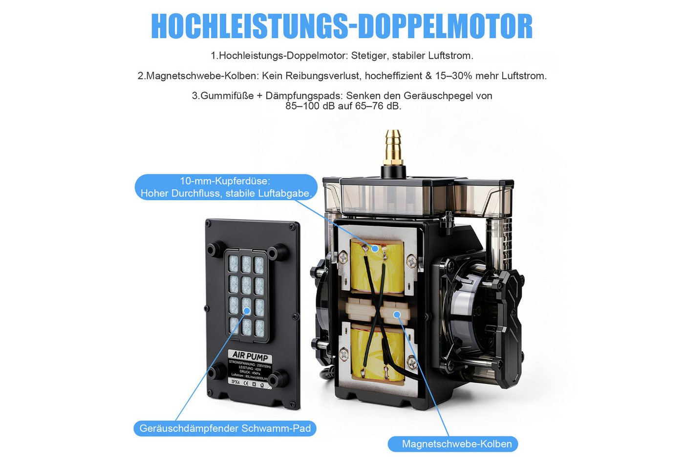 XIIW Luftpumpe 42W Teichbelüfter mit 12 Luftstein Aquarienpumpe Sauerstoffpumpe (Set, 29-tlg., 80L/Min 45kPa Flussregelbar, Dual-Kanal-Kupfermotor), für Aquarium Teich Hydroponisch und Großaquarien‌ Bild 5