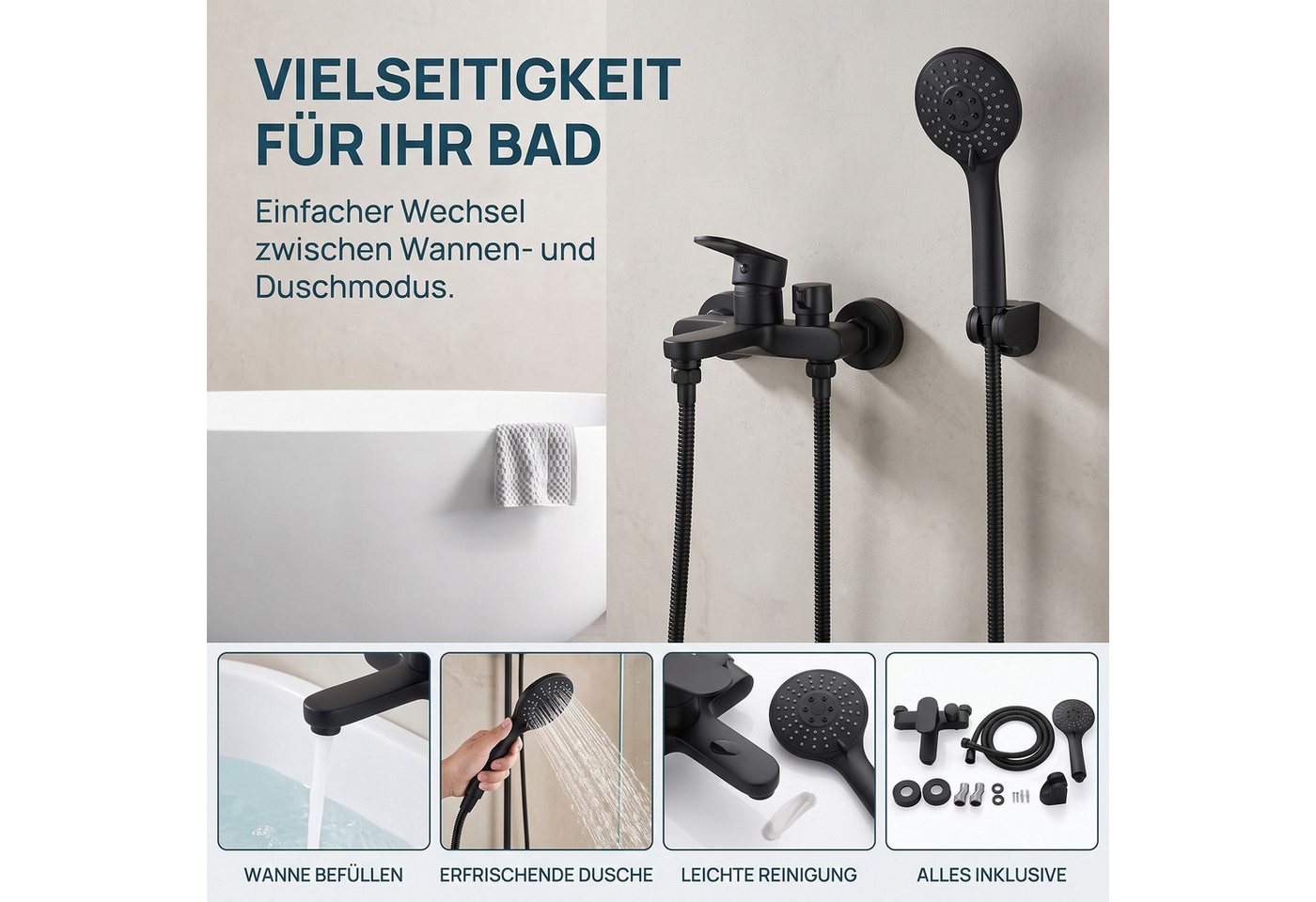 AKKEE Brausegarnitur Badewannenarmatur Mischbatterie Badewanne mit Brause Wannenarmatur, Wannenarmatur Schwarz Matt 3 Funktionen, Duscharmatur Set 150mm