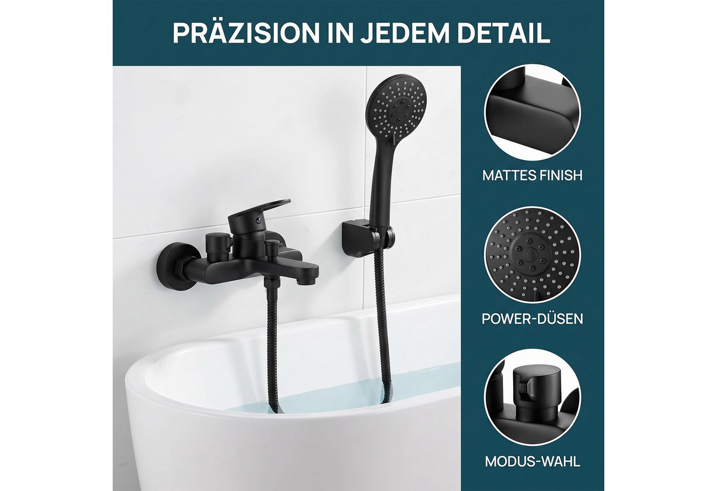 AKKEE Brausegarnitur Badewannenarmatur Mischbatterie Badewanne mit Brause Wannenarmatur, Wannenarmatur Schwarz Matt 3 Funktionen, Duscharmatur Set 150mm Bild 2