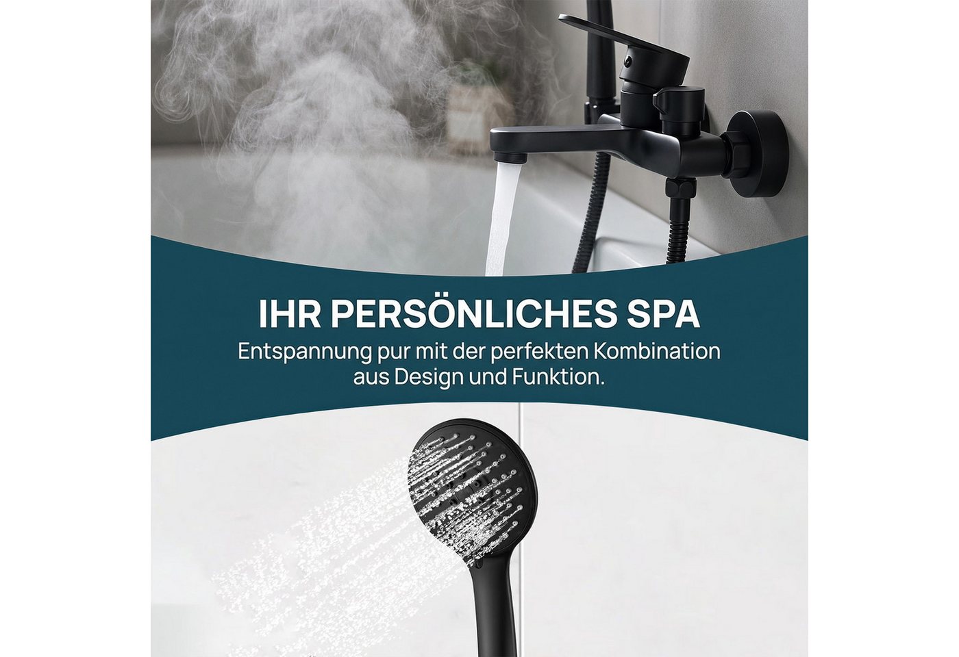 AKKEE Brausegarnitur Badewannenarmatur Mischbatterie Badewanne mit Brause Wannenarmatur, Wannenarmatur Schwarz Matt 3 Funktionen, Duscharmatur Set 150mm Bild 3