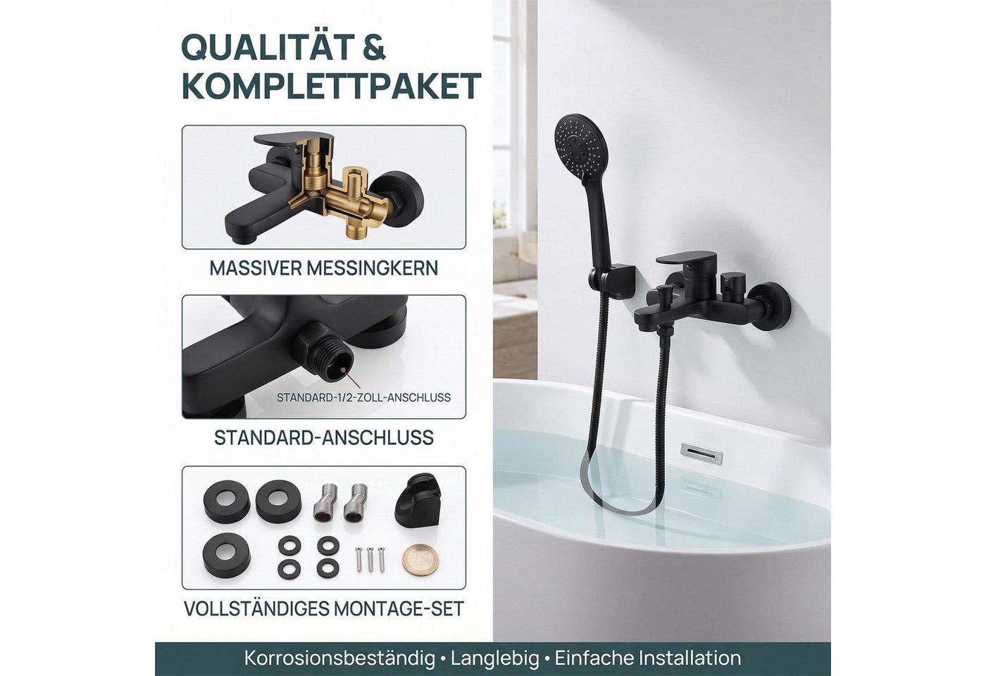 AKKEE Brausegarnitur Badewannenarmatur Mischbatterie Badewanne mit Brause Wannenarmatur, Wannenarmatur Schwarz Matt 3 Funktionen, Duscharmatur Set 150mm Bild 4