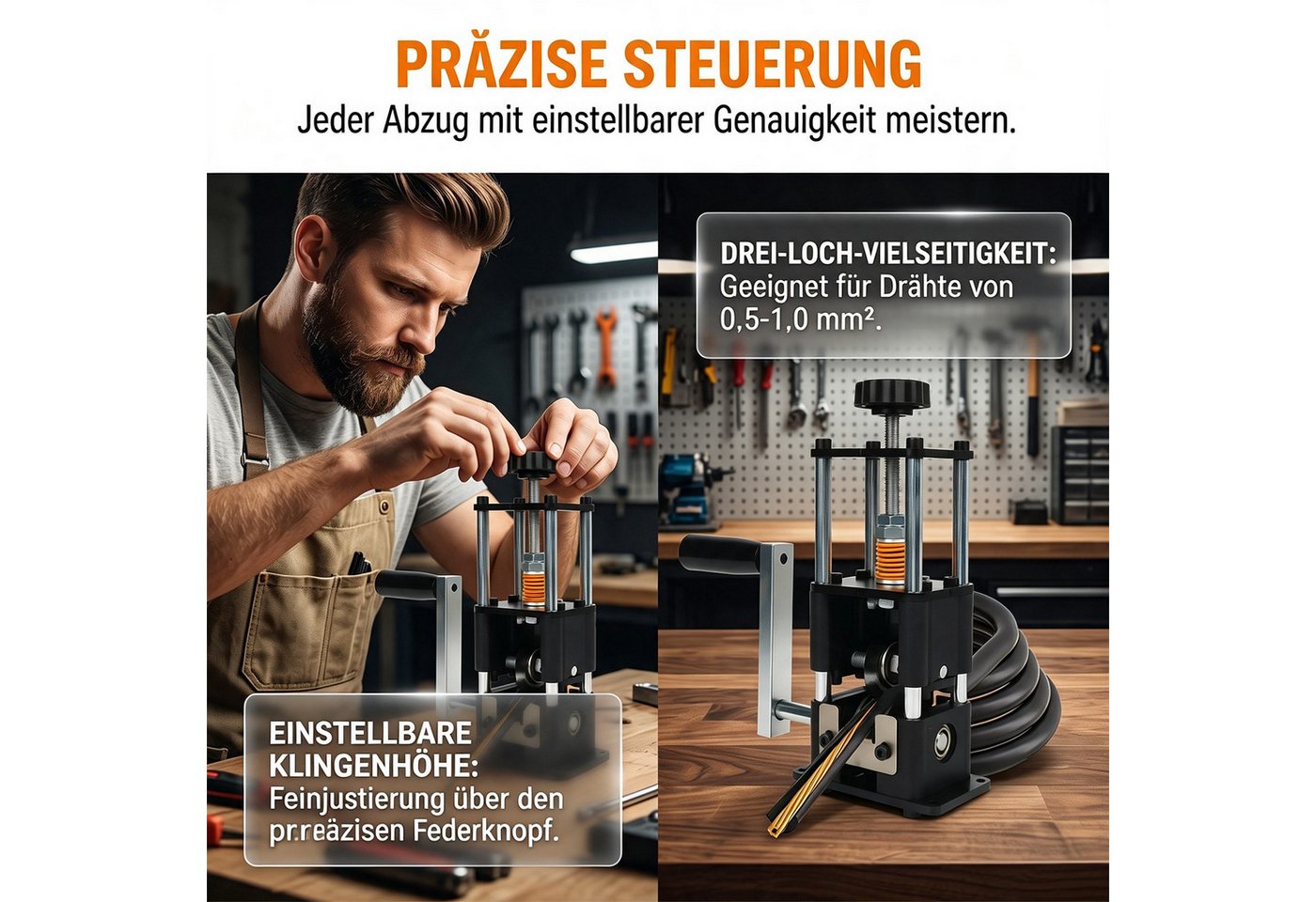 AKKEE Abisolierzange Manuelle Kabelschälmaschine Elektrisch mit Federverstellung, 3 Abisolieröffnungen für Kabelquerschnitte von 0,5–1,0 mm² Bild 2