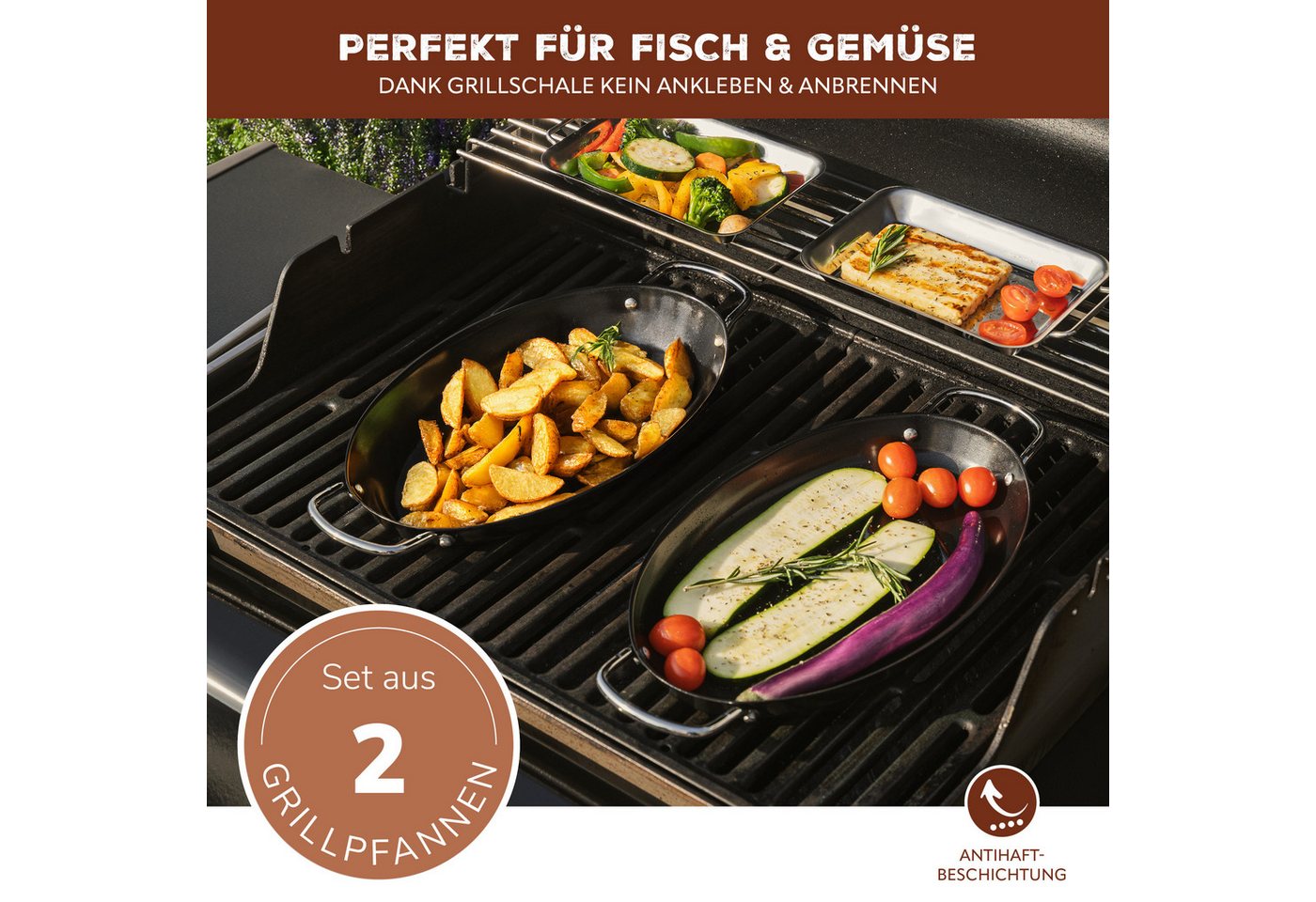 bremermann Grillplatte Fisch-Grillpfanne 2er Set oval, Grillplatte antihaftbeschichtet (2-St)
