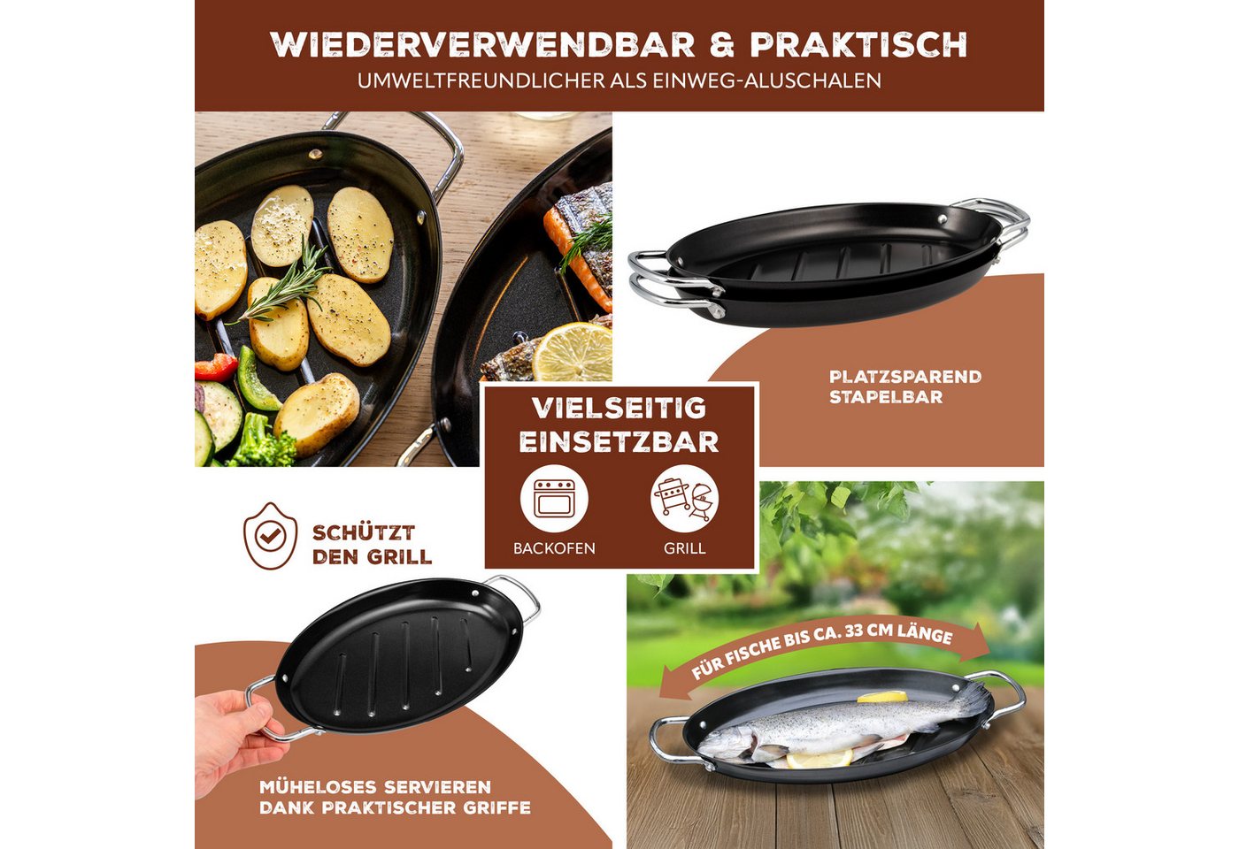 bremermann Grillplatte Fisch-Grillpfanne 2er Set oval, Grillplatte antihaftbeschichtet (2-St) Bild 4