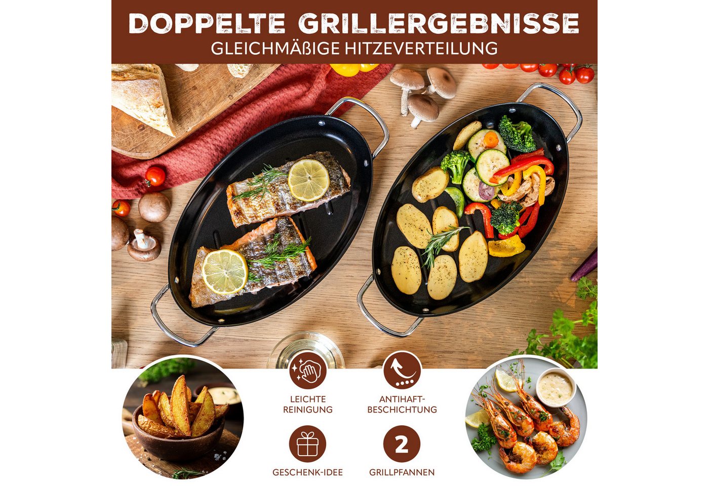 bremermann Grillplatte Fisch-Grillpfanne 2er Set oval, Grillplatte antihaftbeschichtet (2-St) Bild 5
