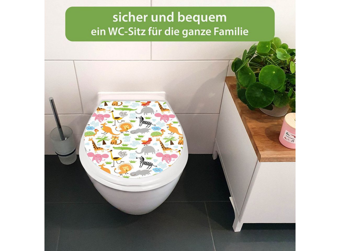 banjado WC-Sitz mit Kindersitz Motiv Fröhliche Tiere (mit Kindersitz, integrierte Scharniere), 44,9 x 37,1 x 5 cm