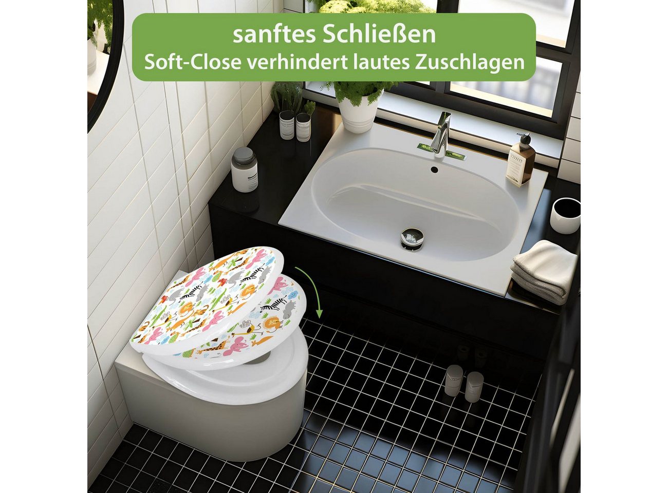 banjado WC-Sitz mit Kindersitz Motiv Fröhliche Tiere (mit Kindersitz, integrierte Scharniere), 44,9 x 37,1 x 5 cm Bild 2