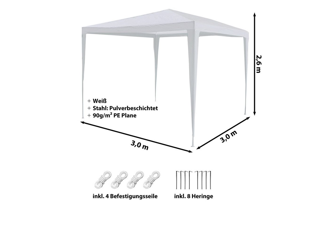 CEPEWA Partyzelt Pavillon Partyzelt 3x2,6x3m weiß PE Plane 90g/m² 4 Seile 8 Heringe Bild 5