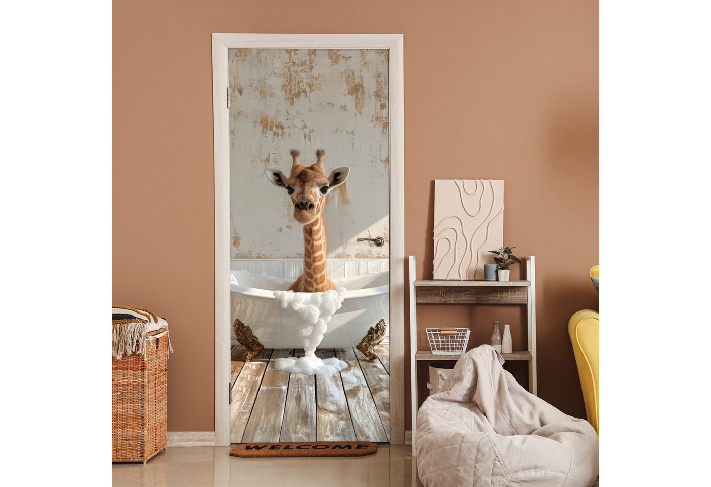 MuchoWow Türtapete Giraffe - Badewanne - Vintage - Tiere, Matt, bedruckt, (1 St), Selbstklebende Tapete, Folie für Möbel, 70x215 cm