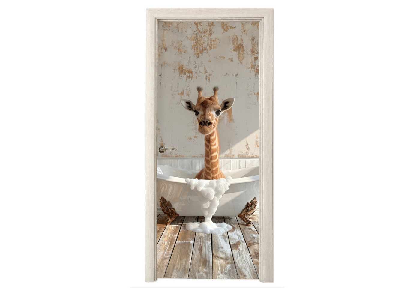 MuchoWow Türtapete Giraffe - Badewanne - Vintage - Tiere, Matt, bedruckt, (1 St), Selbstklebende Tapete, Folie für Möbel, 70x215 cm Bild 2