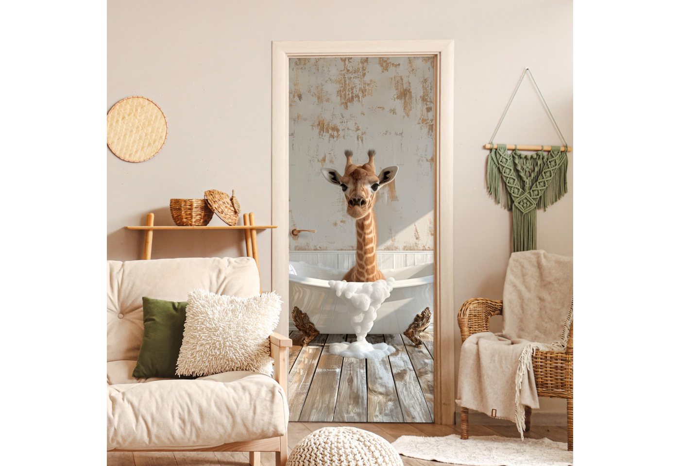 MuchoWow Türtapete Giraffe - Badewanne - Vintage - Tiere, Matt, bedruckt, (1 St), Selbstklebende Tapete, Folie für Möbel, 70x215 cm Bild 3