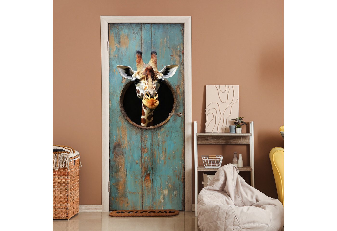 MuchoWow Türtapete Giraffe - Holz - Durchsichtig - Tiere - Kopf, Matt, bedruckt, (1 St), Selbstklebende Tapete, Folie für Möbel, 70x215 cm Bild 2
