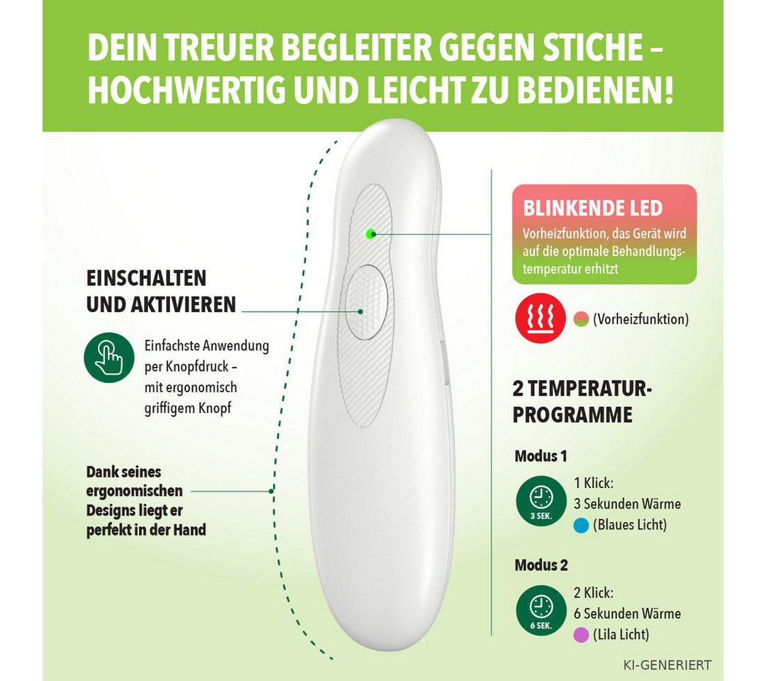 IEA Green Insektenstichheiler CH3000B USB-C - Medizinprodukt, FSC-Verpackung, Wärmeanwendung ohne Chemie, wiederaufladbar, 200x pro Ladung Bild 2