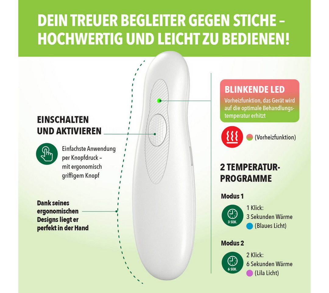IEA Green Insektenstichheiler USB-C 2er Set - Medizinprodukt, nachhaltig in FSC-Verpackung, Wärmeanwendung ohne Chemie & Cremes, FSC-zertifiziert, 2 Programme Bild 4