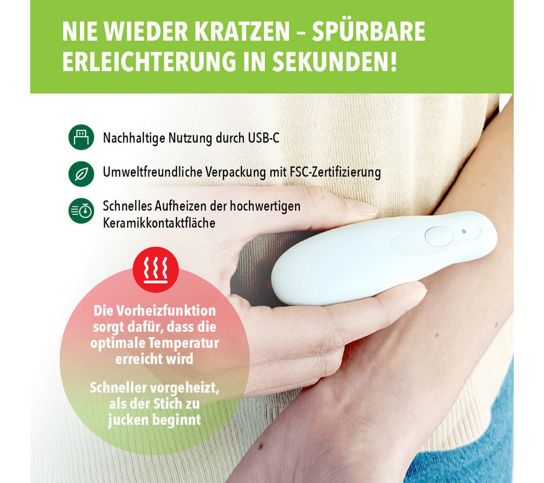 IEA Green Insektenstichheiler USB-C 2er Set - Medizinprodukt, nachhaltig in FSC-Verpackung, Wärmeanwendung ohne Chemie & Cremes, FSC-zertifiziert, 2 Programme Bild 5