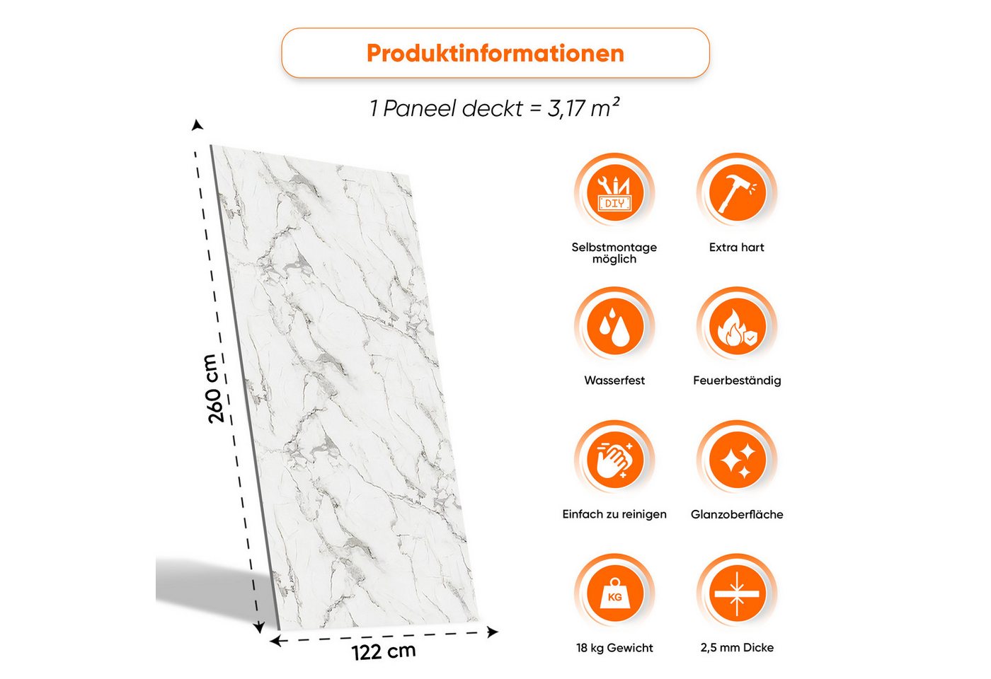 IZODEKOR 3D Wandpaneel XXL Marmoroptik PVC – Duschrückwand, Küchenrückwand & Spritzschutz, (wasserfest, hitzebeständig, zuschneidbar, einfache Klebemontage, XXL-Format 122x244 oder 122x260 cm, 1 Paneel, 2,98–3,17 m)