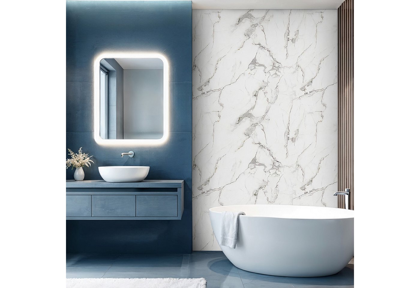 IZODEKOR 3D Wandpaneel XXL Marmoroptik PVC – Duschrückwand, Küchenrückwand & Spritzschutz, (wasserfest, hitzebeständig, zuschneidbar, einfache Klebemontage, XXL-Format 122x244 oder 122x260 cm, 1 Paneel, 2,98–3,17 m) Bild 5