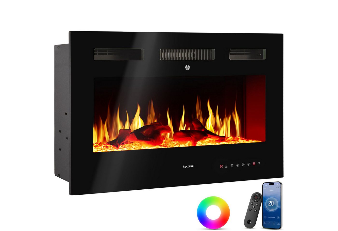 tectake Elektrokamin Wandkamin, App, Fernbed., Thermostat, 900/1800 W, Überhitzungsschutz, 3D-Flamme, Holz-/Glutoptik, Farbe/Helligkeit/Tempo, Fenstererkennung