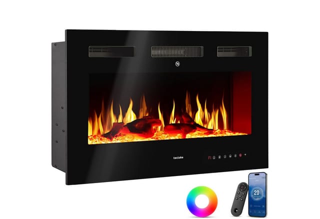 tectake Elektrokamin Wandkamin, App, Fernbed., Thermostat, 900/1800 W, Überhitzungsschutz, 3D-Flamme, Holz-/Glutoptik, Farbe/Helligkeit/Tempo, Fenstererkennung