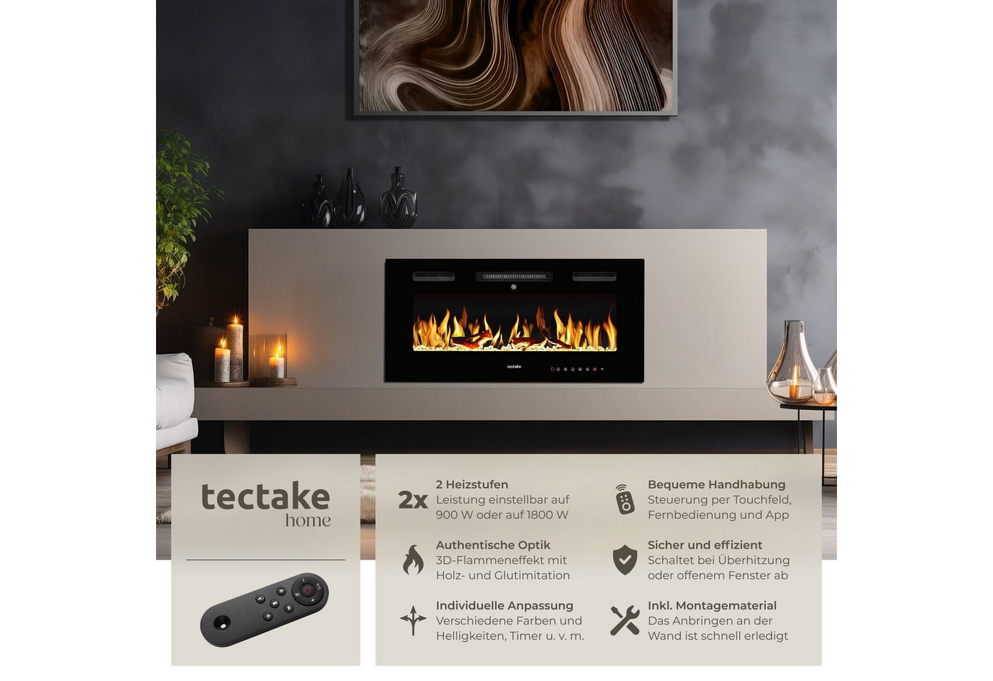 tectake Elektrokamin Wandkamin, App, Fernbed., Thermostat, 900/1800 W, Überhitzungsschutz, 3D-Flamme, Holz-/Glutoptik, Farbe/Helligkeit/Tempo, Fenstererkennung Bild 2
