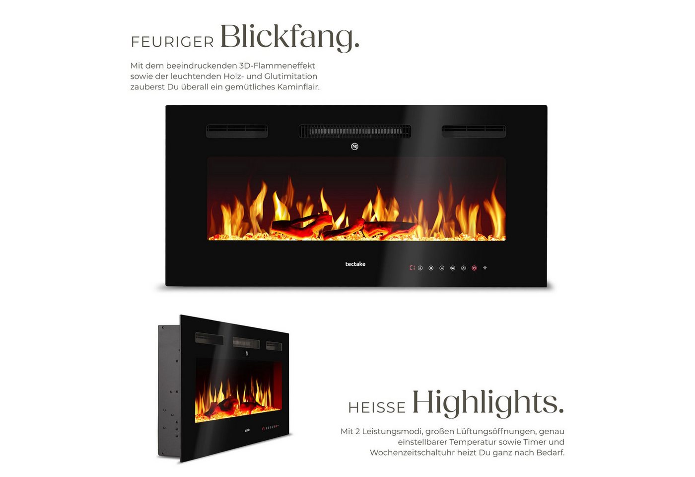 tectake Elektrokamin Wandkamin, App, Fernbed., Thermostat, 900/1800 W, Überhitzungsschutz, 3D-Flamme, Holz-/Glutoptik, Farbe/Helligkeit/Tempo, Fenstererkennung Bild 3