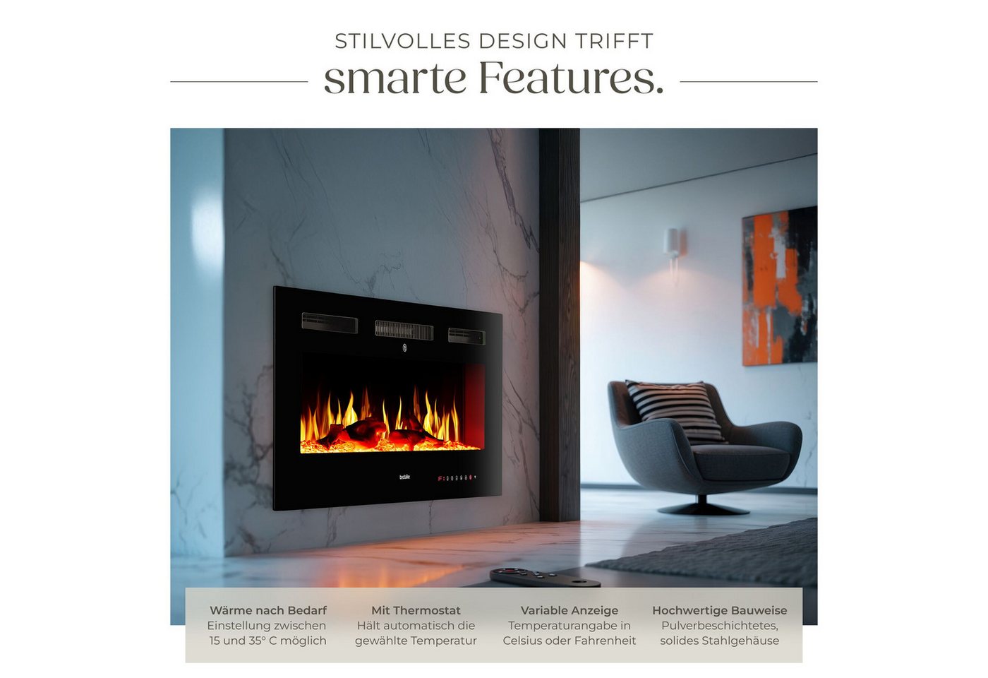 tectake Elektrokamin Wandkamin, App, Fernbed., Thermostat, 900/1800 W, Überhitzungsschutz, 3D-Flamme, Holz-/Glutoptik, Farbe/Helligkeit/Tempo, Fenstererkennung Bild 4