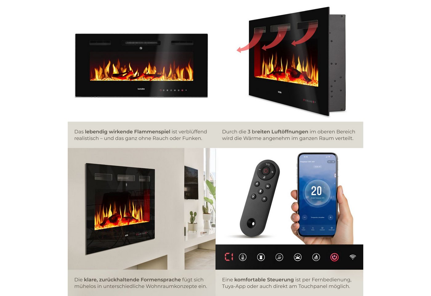 tectake Elektrokamin Wandkamin, App, Fernbed., Thermostat, 900/1800 W, Überhitzungsschutz, 3D-Flamme, Holz-/Glutoptik, Farbe/Helligkeit/Tempo, Fenstererkennung Bild 5