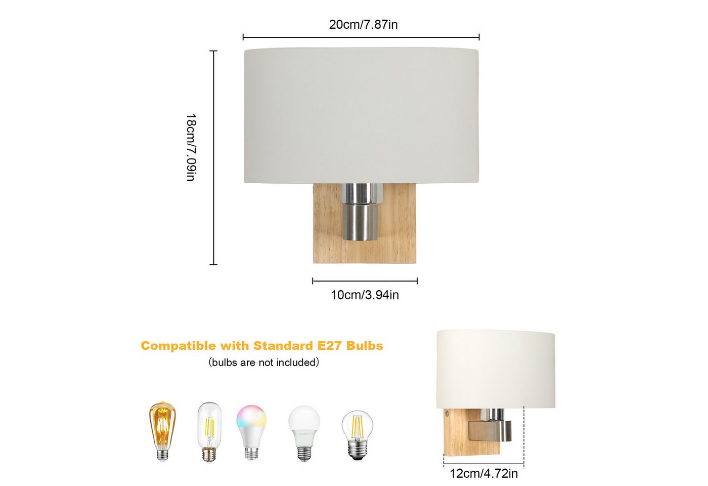 Riserva Wandleuchte Nordische Wandleuchte Holz E27, Wandlampe mit Glas-Schirm, LED wechselbar