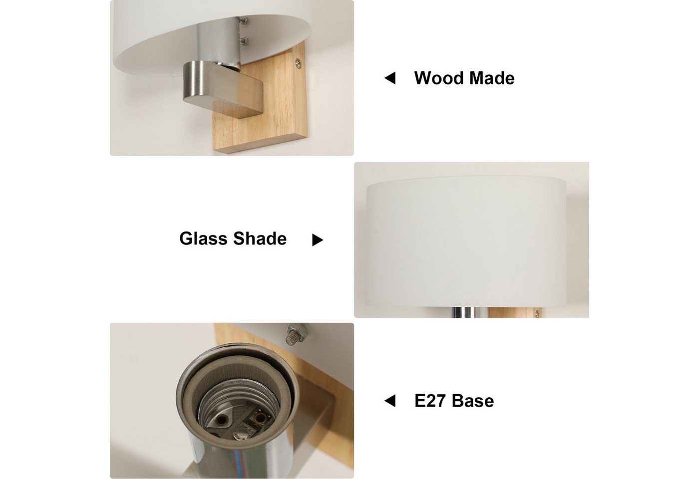 Riserva Wandleuchte Nordische Wandleuchte Holz E27, Wandlampe mit Glas-Schirm, LED wechselbar Bild 4