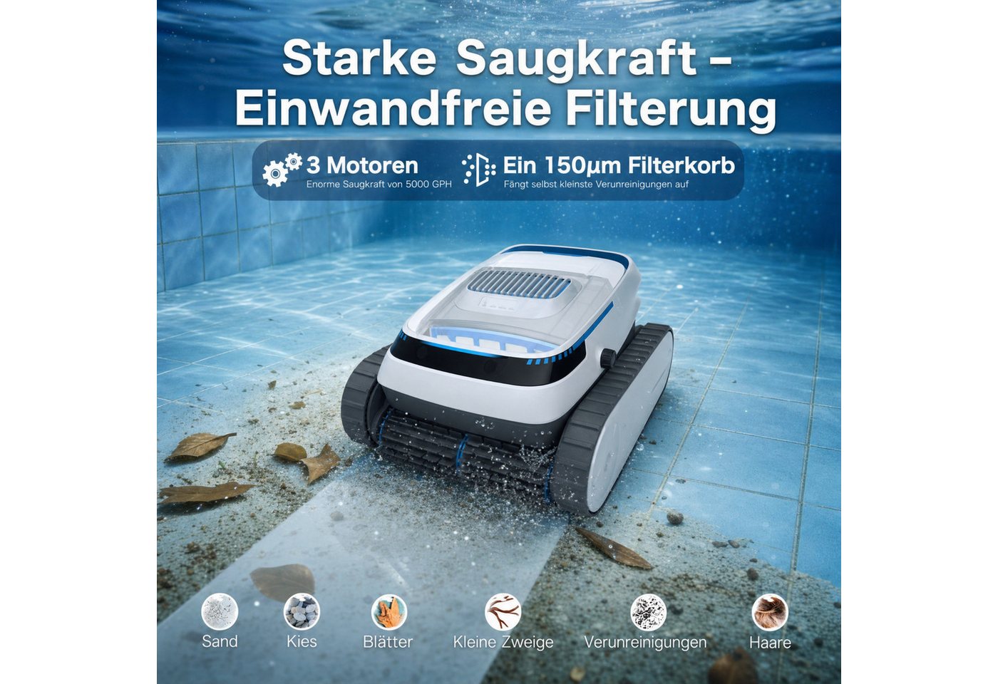 Blossom Poolroboter Akku Poolsauger für Boden Wand Wasserlinie, bis 200m² Pools, Kabellos Poolsauger 60kpa/5200mah für Aufstellpool & Einbaupool Bild 5