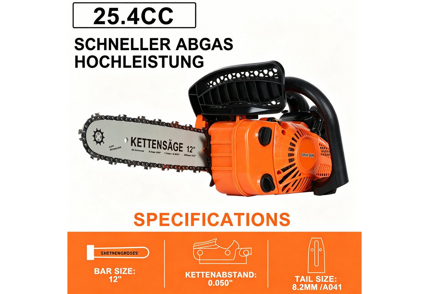 Rutaqian Benzin-Kettensäge Kettensäge 25,4cc 12'' Leicht Motorsäge für Holz und Forstarbeiten, 30 cm Schwertlänge, 0,9kW Leistung bis 9800 U/min Bild 4