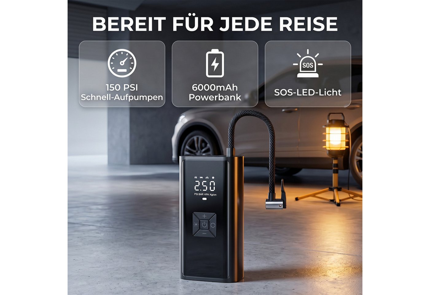 AKKEE Akku-Luftpumpe Elektrische Luftpumpe 6000mAh für Auto, Motorrad, Fahrrad, Bälle, 150PSI Elektrischer Kompressor Tragbar Fahrradpumpe