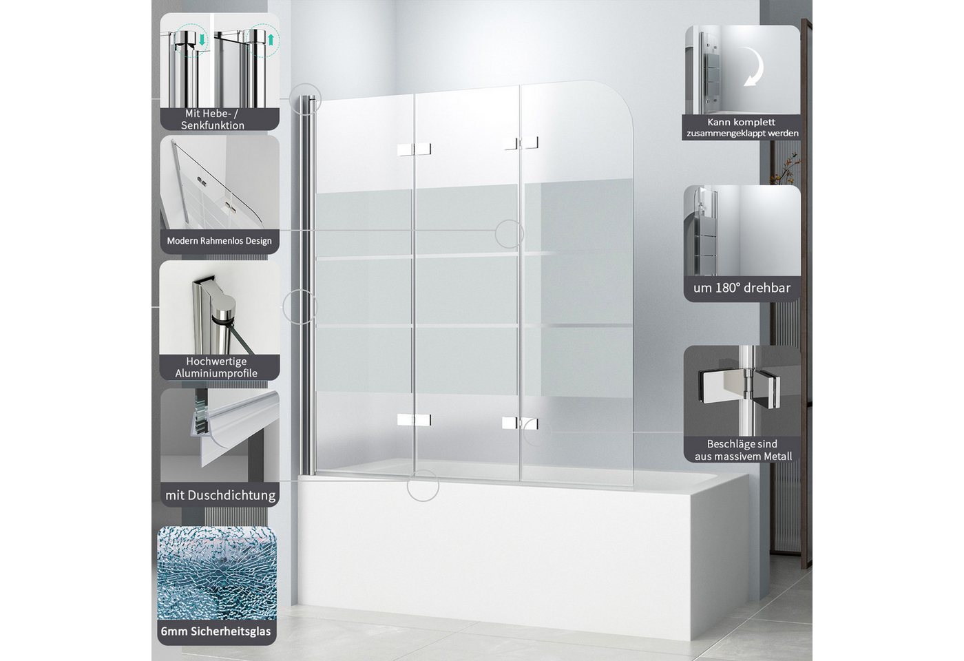 Hopibath Badewannenaufsatz milchglas Badewannenfaltwand 3 teilig Faltbar, 6mm Einscheibensicherheitsglas, (180° Faltwand, 140x140, 130x140, 120x140cm), mit Duschdichtungen