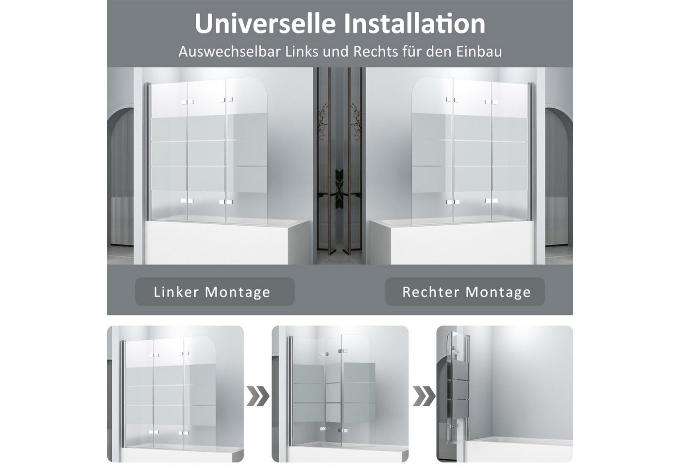 Hopibath Badewannenaufsatz milchglas Badewannenfaltwand 3 teilig Faltbar, 6mm Einscheibensicherheitsglas, (180° Faltwand, 140x140, 130x140, 120x140cm), mit Duschdichtungen Bild 3