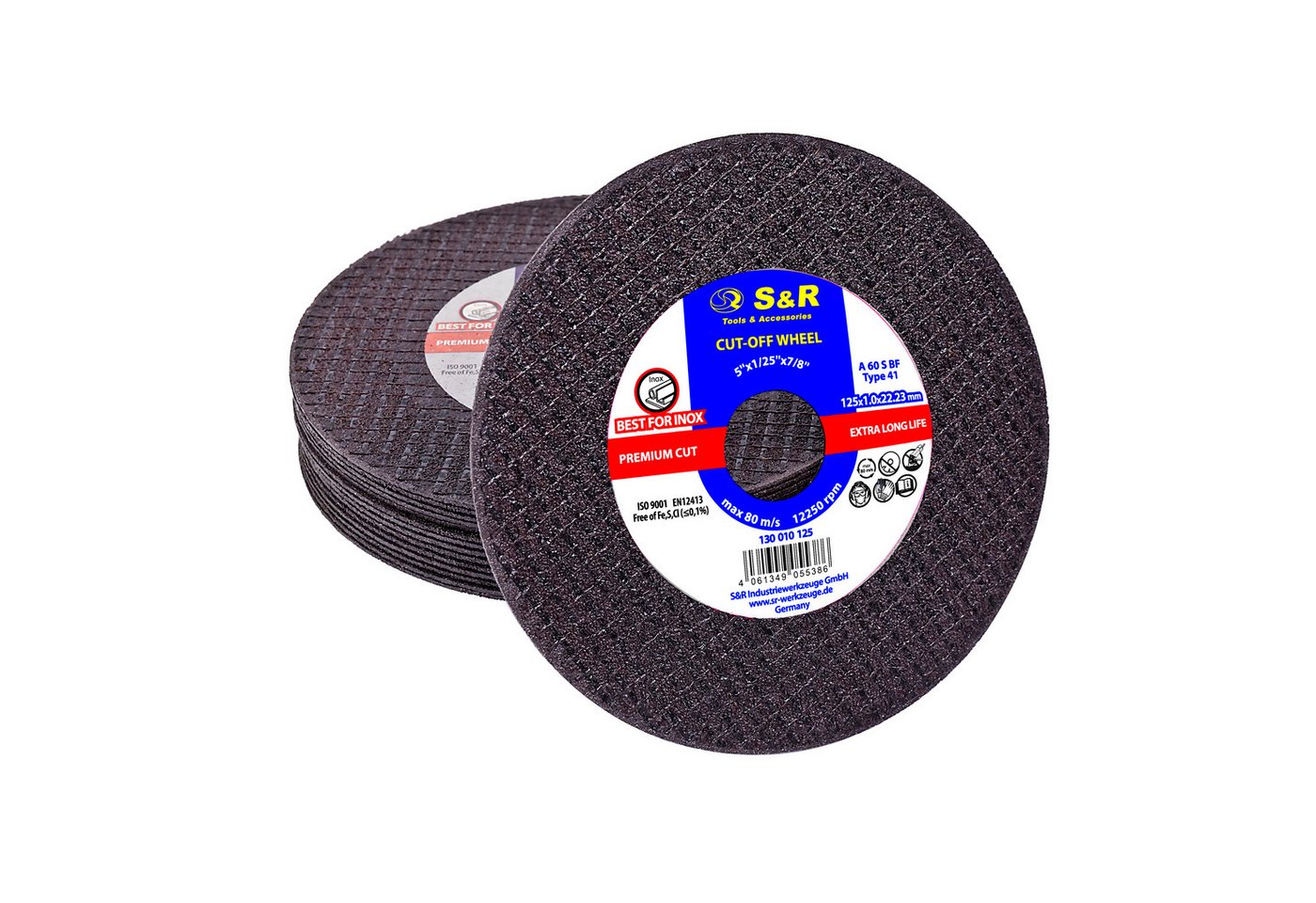S&R Trennscheibe in Industrie-Qualität für Metall, Edelstahl/INOX, 125 x 1,0 x 22,23 mm, (Set, 15 Stück), A60 S-BF, Premium Cut, extra hohe Standzeit, für Winkelschleifer