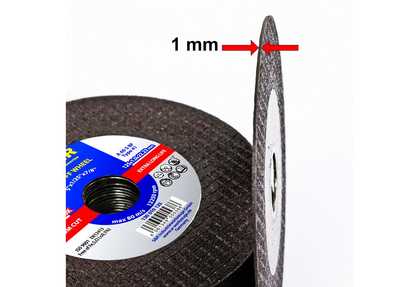 S&R Trennscheibe in Industrie-Qualität für Metall, Edelstahl/INOX, 125 x 1,0 x 22,23 mm, (Set, 15 Stück), A60 S-BF, Premium Cut, extra hohe Standzeit, für Winkelschleifer Bild 3