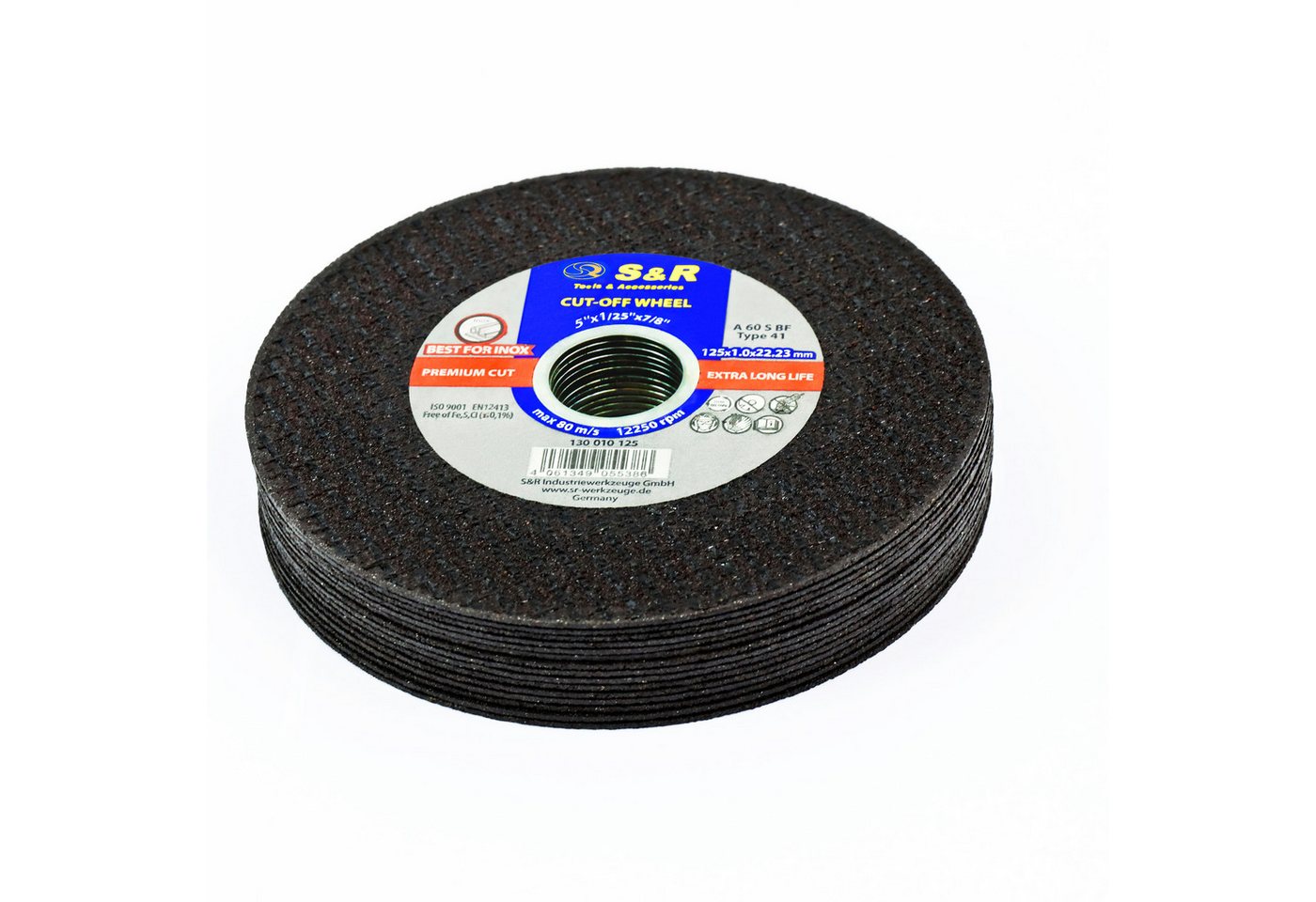 S&R Trennscheibe in Industrie-Qualität für Metall, Edelstahl/INOX, 125 x 1,0 x 22,23 mm, (Set, 15 Stück), A60 S-BF, Premium Cut, extra hohe Standzeit, für Winkelschleifer Bild 4