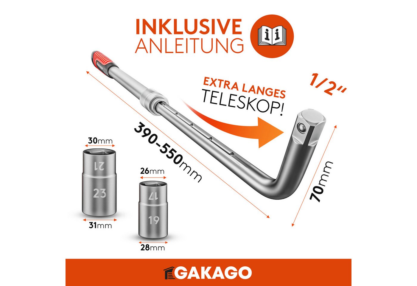 Gakago Radmutternschlüssel Teleskop (Set, mit 17/19mm & 21/23mm in Aufbewahrungstasche), - Extra langer ausziehbarer 1/2 Zoll Radschlüssel
