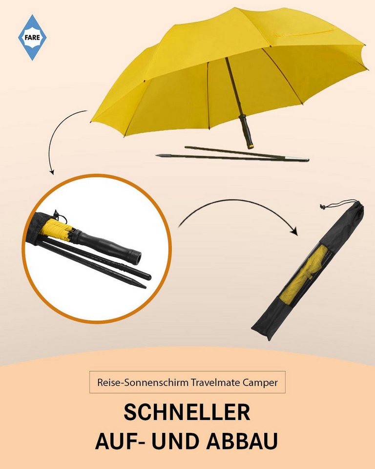 FARE Sonnenschirm Travelmate Camper, Koffertauglich, nur 725g leicht, Lichtschutzfaktor UPF 50+, Regenfest, Fiberglas, 147 cm Durchmesser