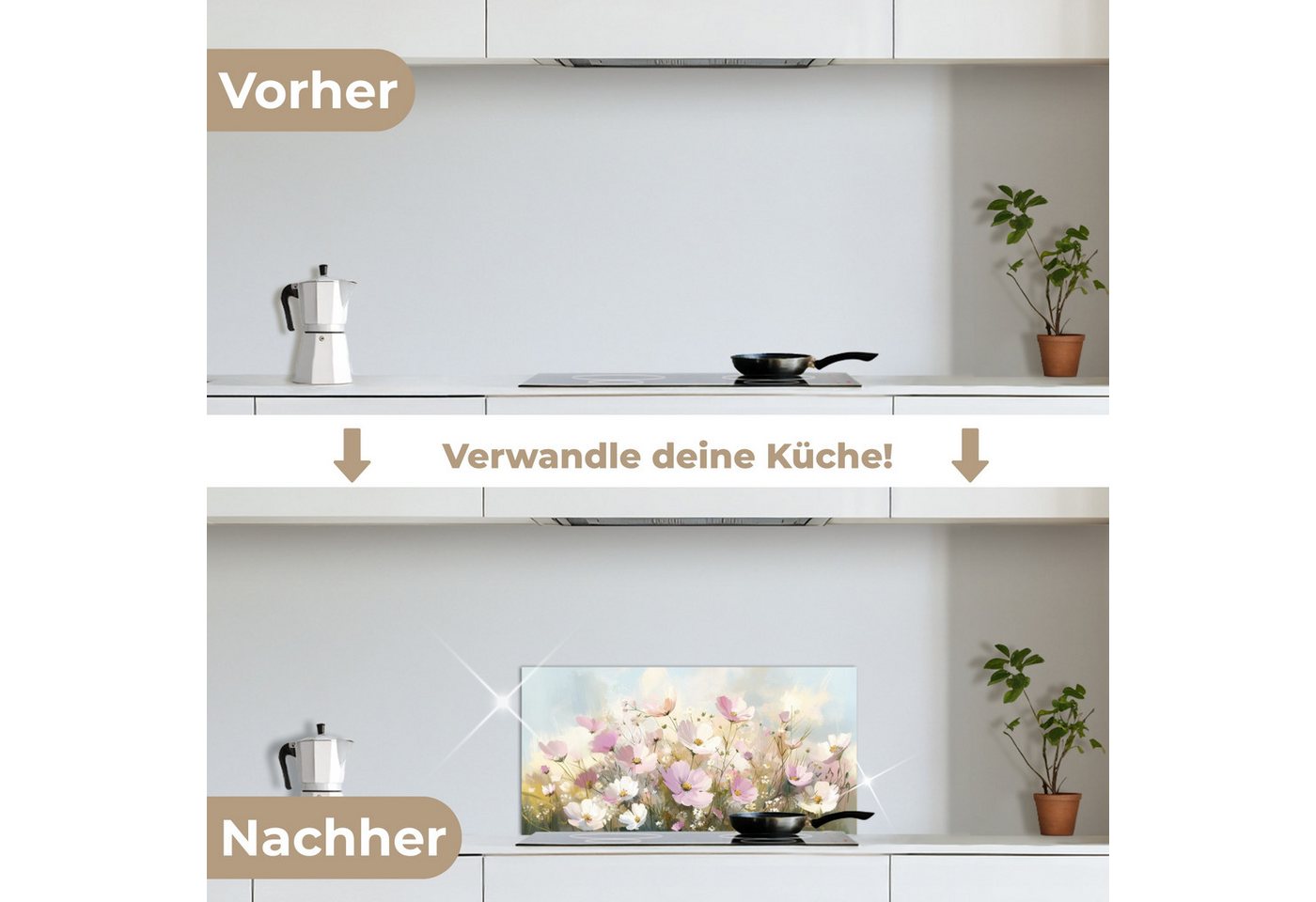 KitchenYeah Küchenrückwand selbstklebend (keine Folie) Blumenfeld - Helle Farbtöne - Gemalt, (1-tlg), Küchenrückwand, Spritzschutz, Kitchen, 60x30 cm Bild 3