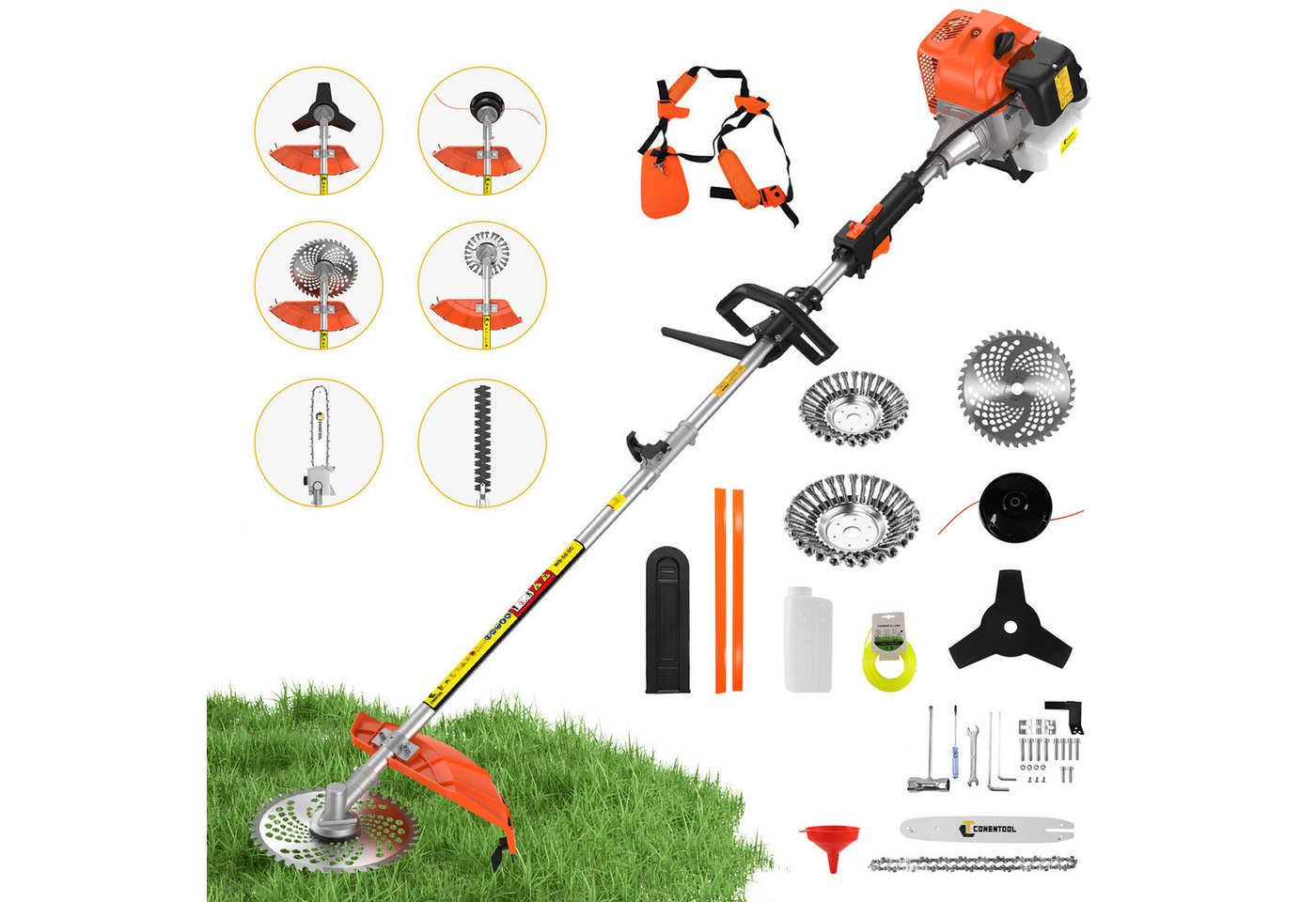 CONENTOOL Benzin-Motorsense 52ccm, 2,5kW Benzin Rasentrimmer, 25.5 cm Arbeitsbreite Messer, 43 cm Arbeitsbreite Faden, 7-in-1 Multifunktions, Rasenmäher, Heckenschere, Motorsäge in einem