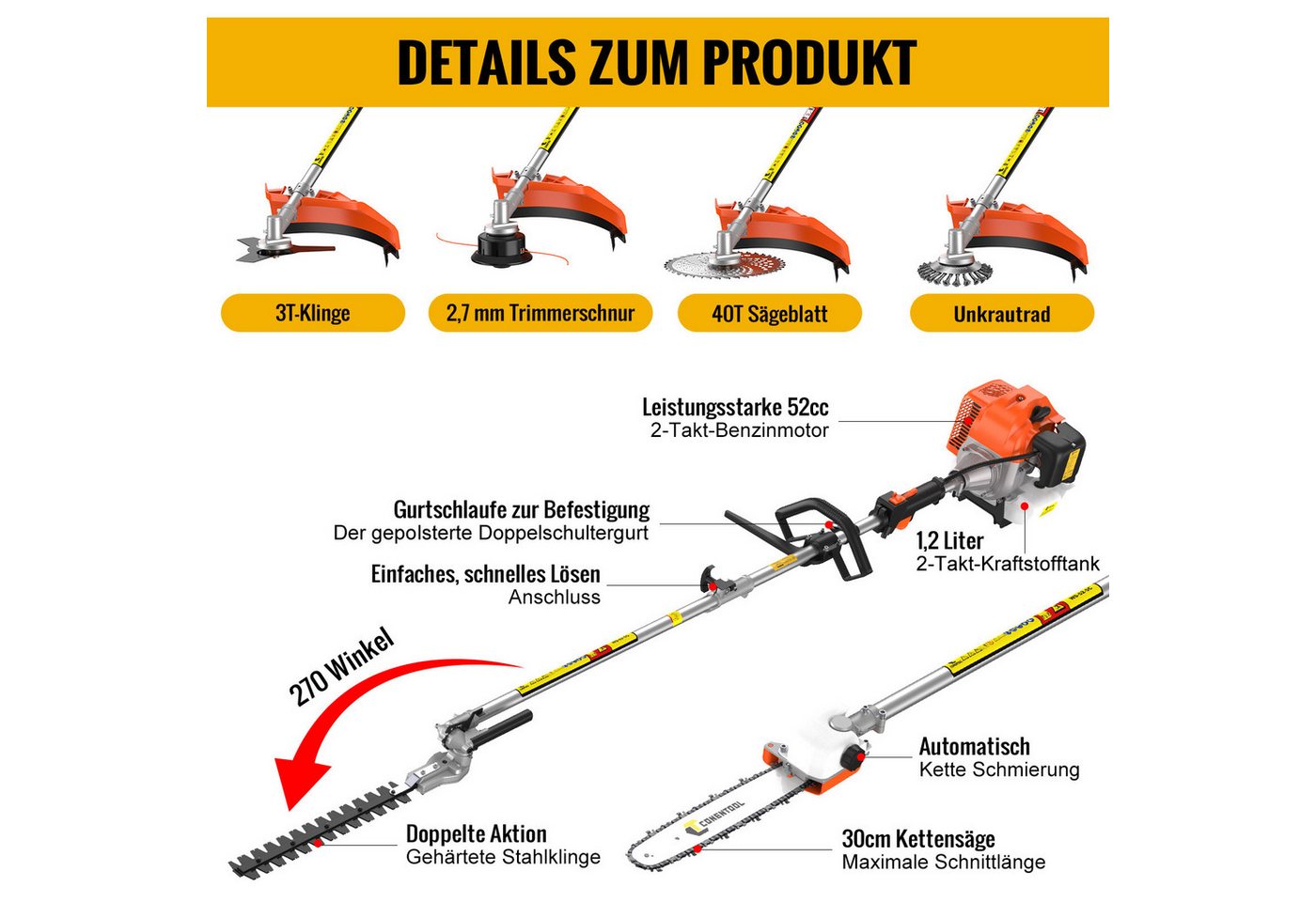 CONENTOOL Benzin-Motorsense 52ccm, 2,5kW Benzin Rasentrimmer, 25.5 cm Arbeitsbreite Messer, 43 cm Arbeitsbreite Faden, 7-in-1 Multifunktions, Rasenmäher, Heckenschere, Motorsäge in einem Bild 2