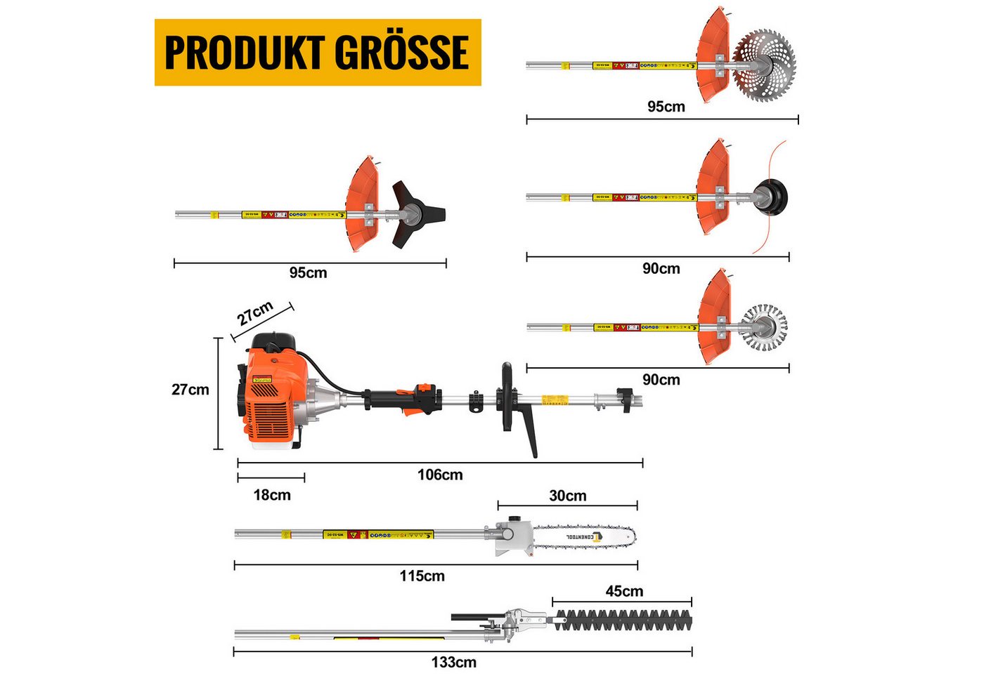 CONENTOOL Benzin-Motorsense 52ccm, 2,5kW Benzin Rasentrimmer, 25.5 cm Arbeitsbreite Messer, 43 cm Arbeitsbreite Faden, 7-in-1 Multifunktions, Rasenmäher, Heckenschere, Motorsäge in einem Bild 3