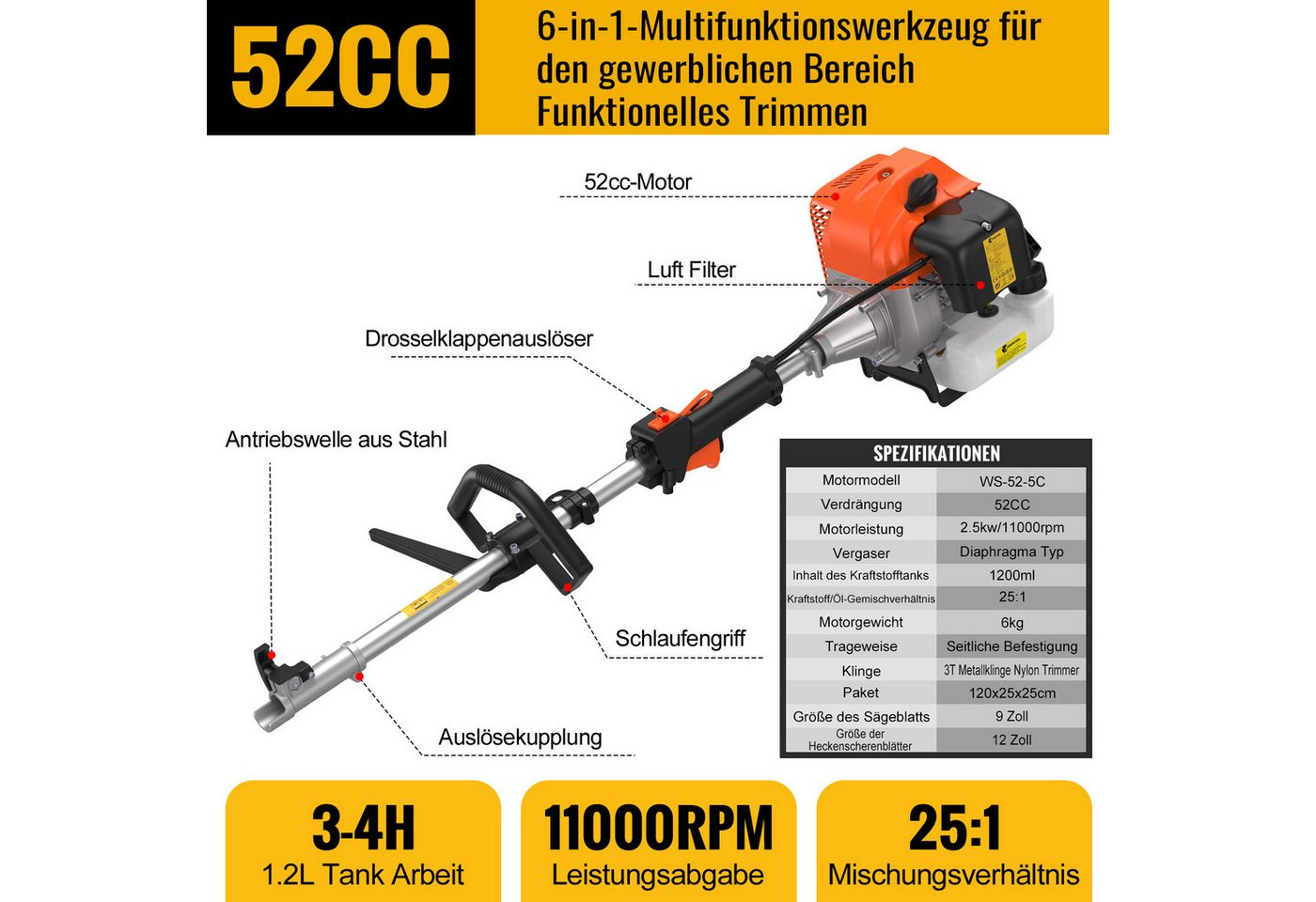 CONENTOOL Benzin-Motorsense 52ccm, 2,5kW Benzin Rasentrimmer, 25.5 cm Arbeitsbreite Messer, 43 cm Arbeitsbreite Faden, 7-in-1 Multifunktions, Rasenmäher, Heckenschere, Motorsäge in einem Bild 4