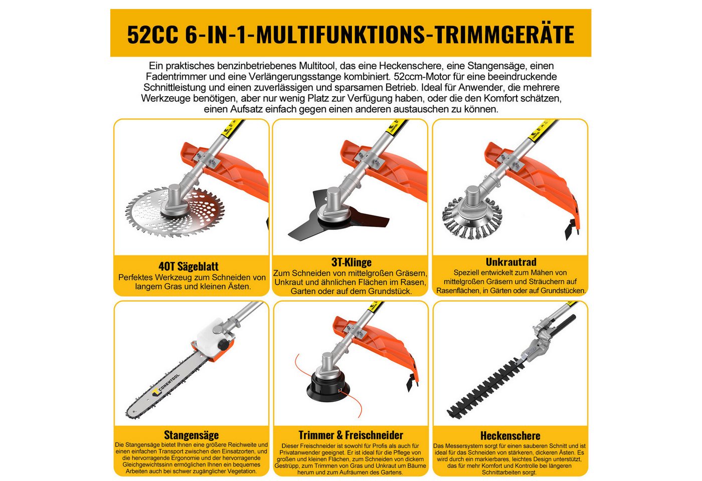 CONENTOOL Benzin-Motorsense 52ccm, 2,5kW Benzin Rasentrimmer, 25.5 cm Arbeitsbreite Messer, 43 cm Arbeitsbreite Faden, 7-in-1 Multifunktions, Rasenmäher, Heckenschere, Motorsäge in einem Bild 5