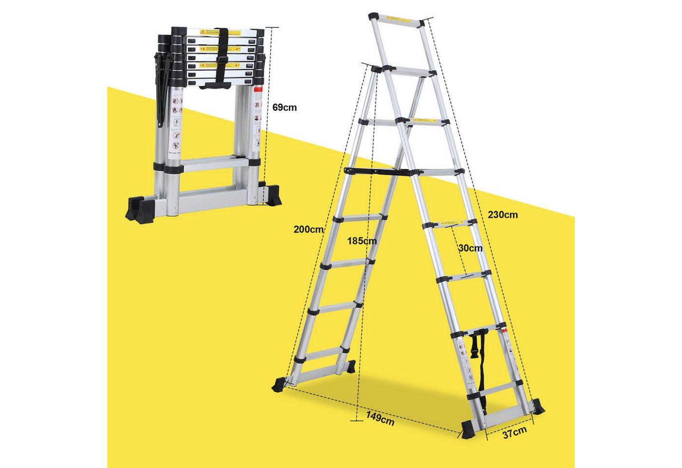 Clanmacy Teleskopleiter Aluminium Teleskopleiter 2,3M Silber, Leiter Ausziehbar Klappleiter, M (Teleskopleiter,Anlegeleiter,Klappleiter,Schiebeleiter, Hochleistungs-Teleskopleiter, Hochwertiges Aluminiummaterial), Mühelose Portabilität Unabhängige Verriegelung Narrensicherer Betrieb