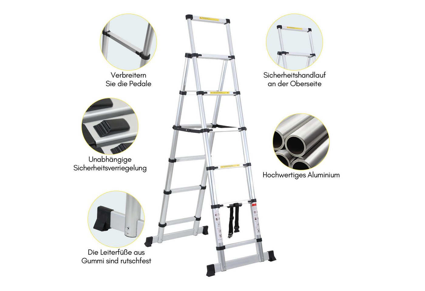 Clanmacy Teleskopleiter Aluminium Teleskopleiter 2,3M Silber, Leiter Ausziehbar Klappleiter, M (Teleskopleiter,Anlegeleiter,Klappleiter,Schiebeleiter, Hochleistungs-Teleskopleiter, Hochwertiges Aluminiummaterial), Mühelose Portabilität Unabhängige Verriegelung Narrensicherer Betrieb Bild 3